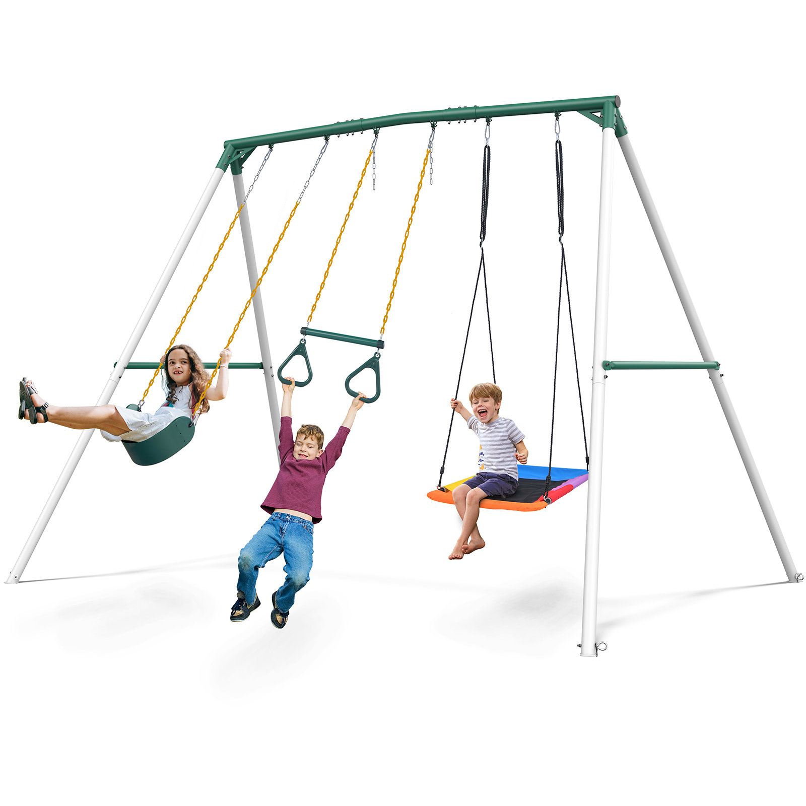 Klo Kick 9.5' Heavy Duty Metal Swing Set with Belt Swing, Trapeze